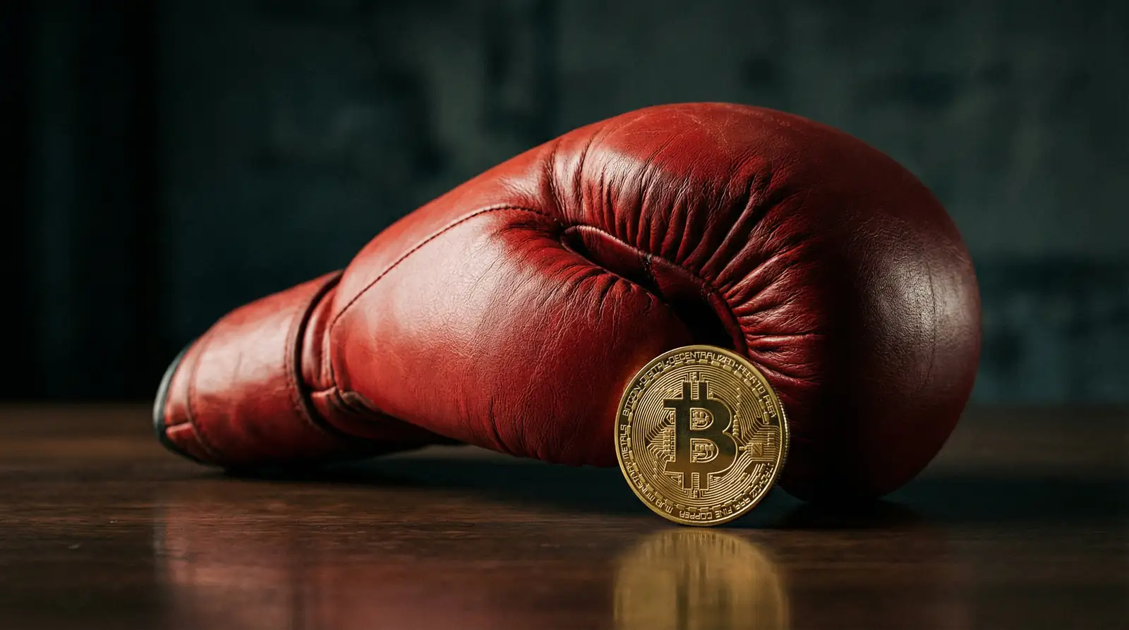 Guante de boxeo junto a un símbolo de Bitcoin sobre fondo oscuro