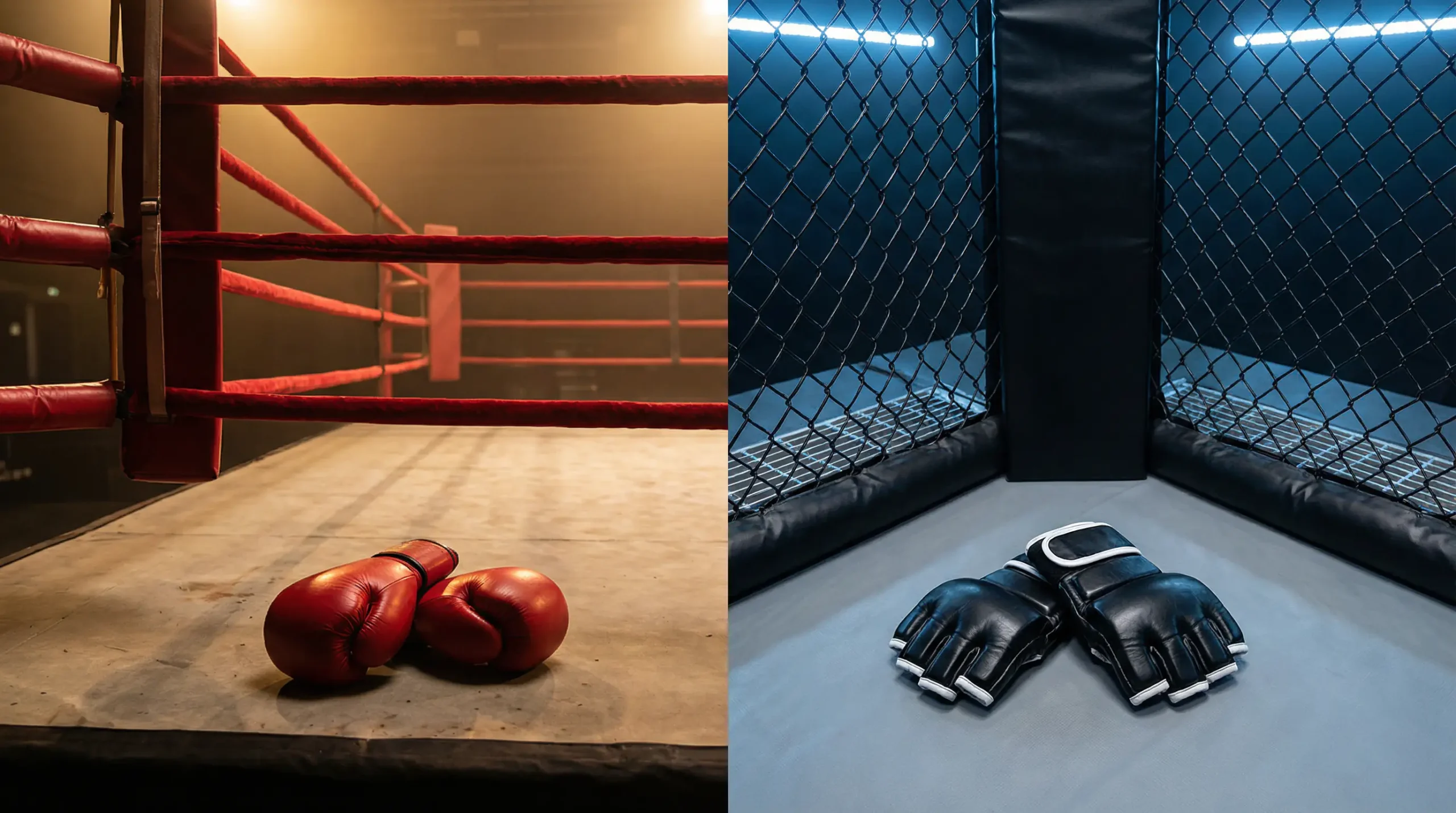 Ring de boxeo y octágono de MMA en una composición dividida
