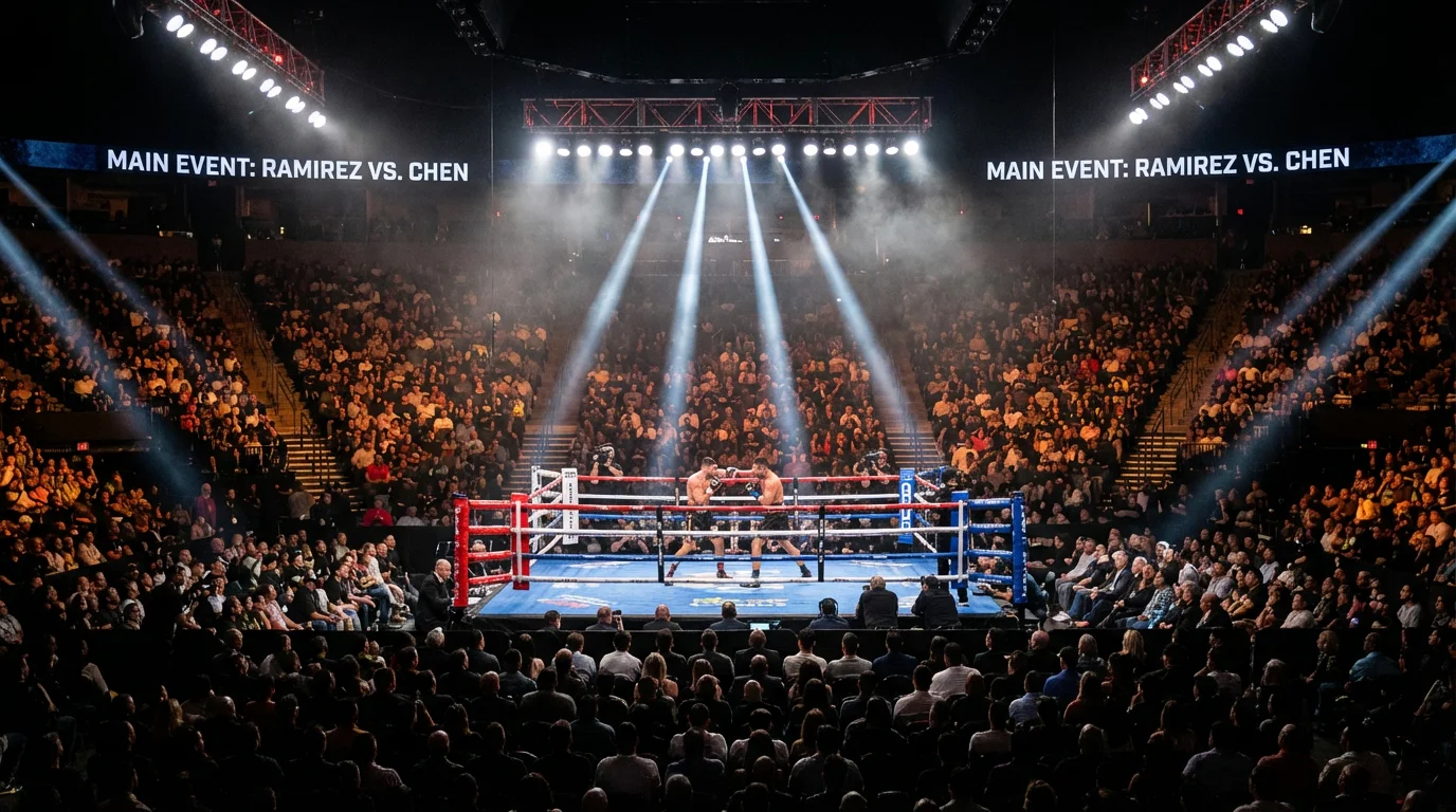 Velada de boxeo profesional con el ring iluminado y público en las gradas
