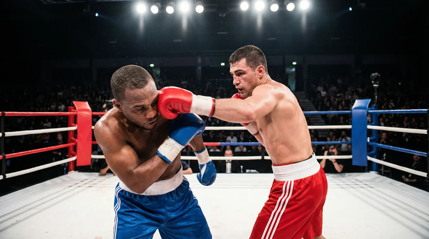 Boxeador conectando un golpe decisivo en un combate profesional de boxeo