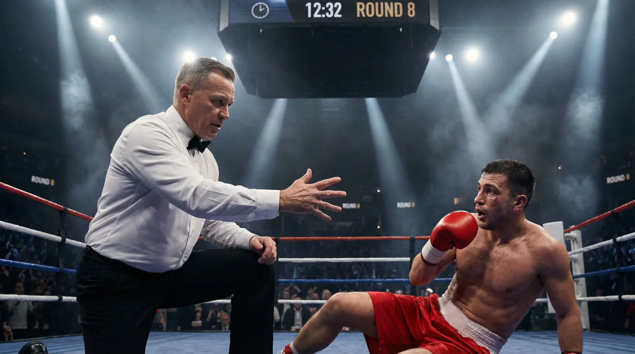 Árbitro contando sobre un boxeador caído en la lona del ring