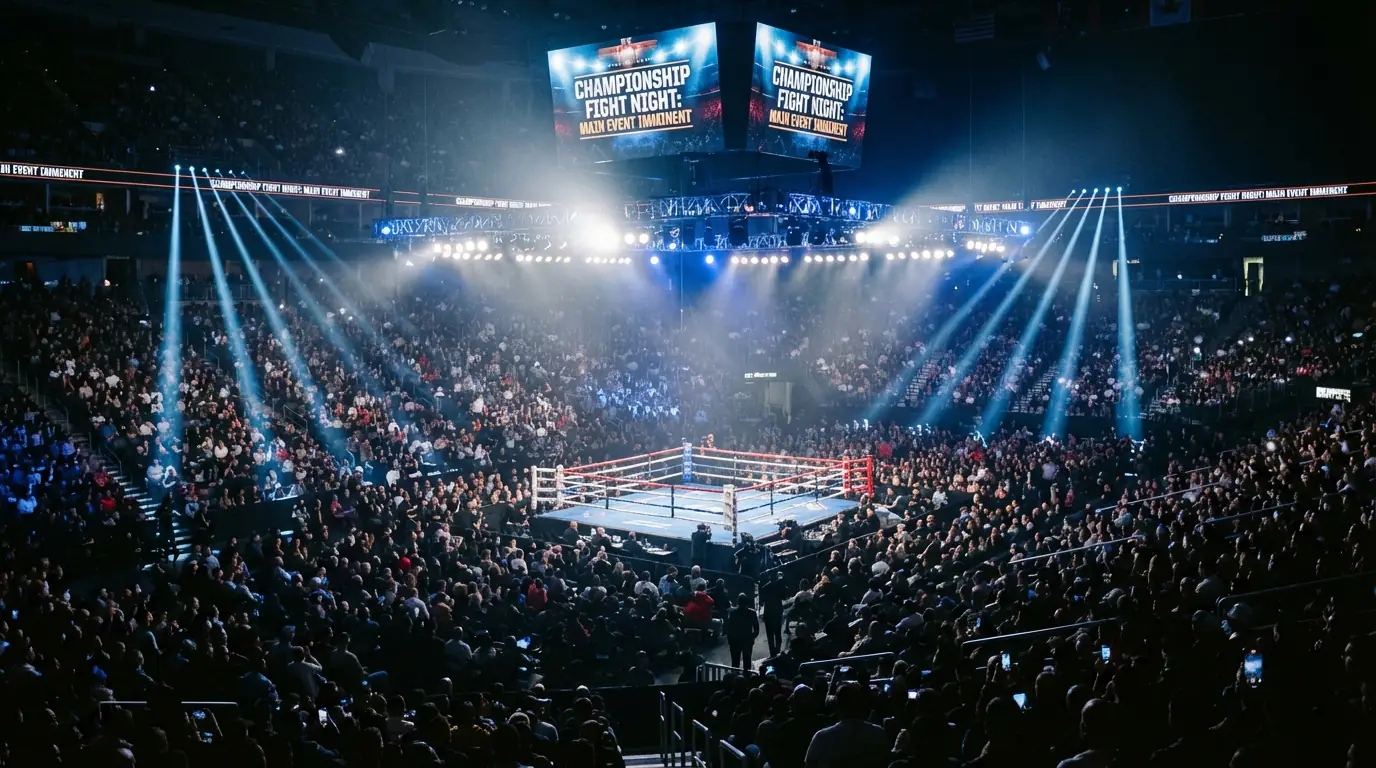 Ring de boxeo iluminado en una gran velada nocturna con público en la arena
