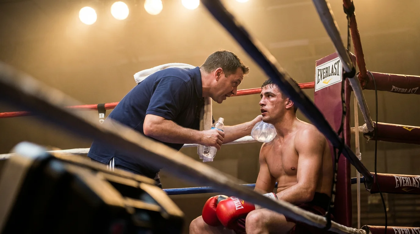 Esquina del ring de boxeo con el entrenador dando instrucciones entre asaltos