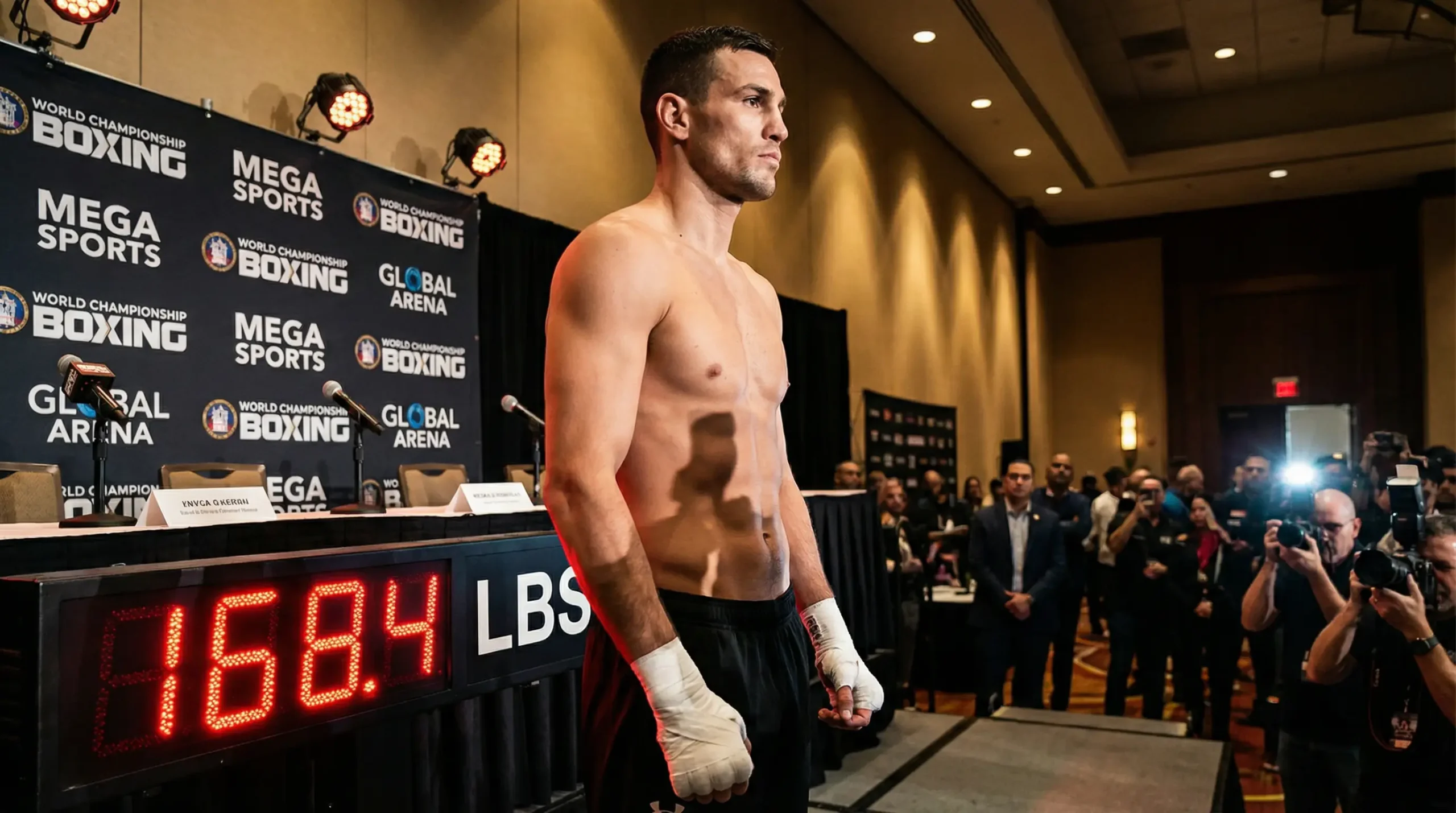 Boxeador profesional en la báscula durante el pesaje oficial antes del combate