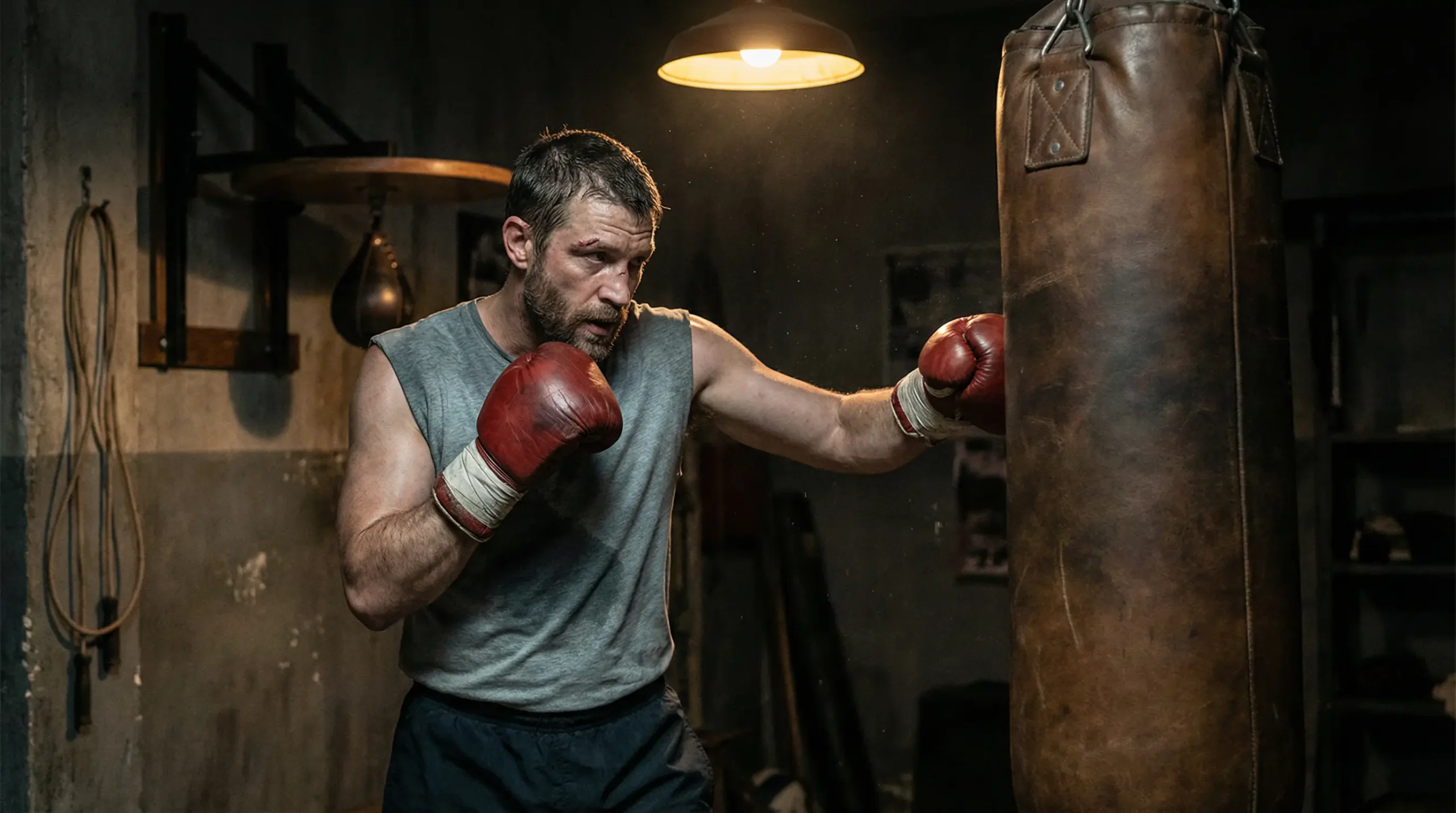 Boxeador veterano entrenando en el gimnasio con guantes y saco de boxeo