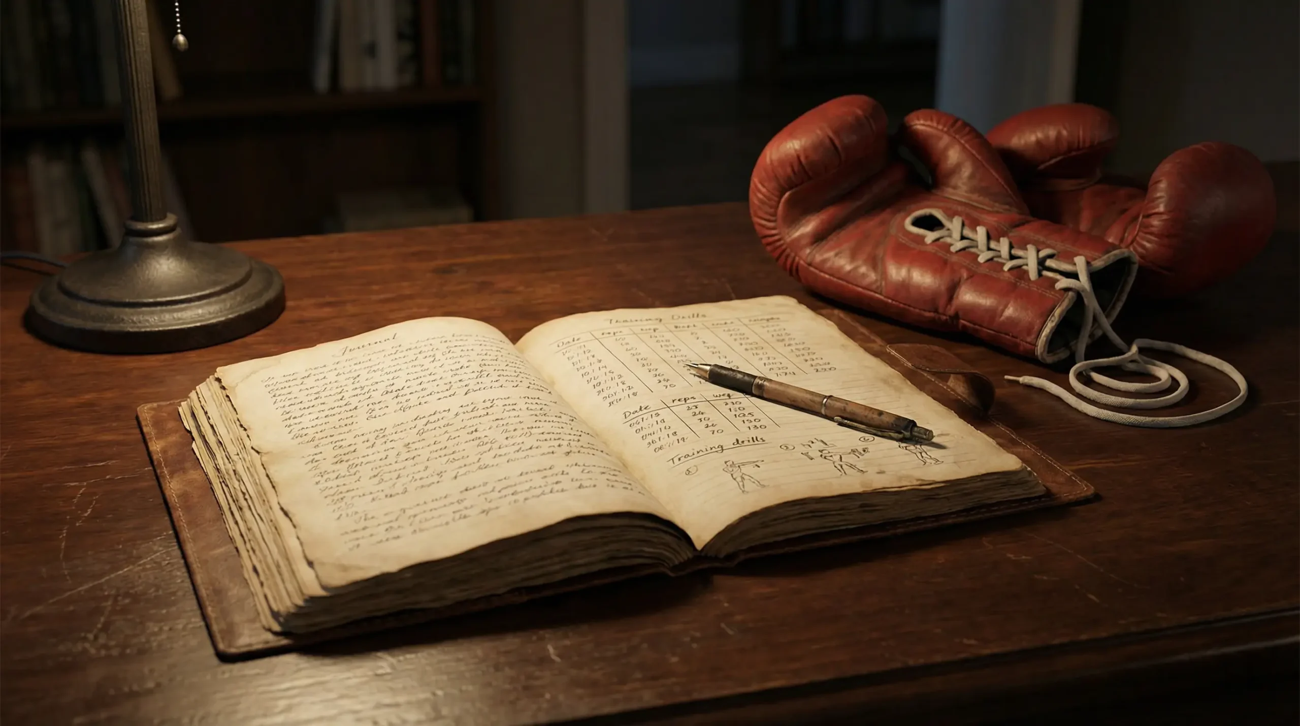 Cuaderno de notas abierto con anotaciones junto a guantes de boxeo sobre una mesa