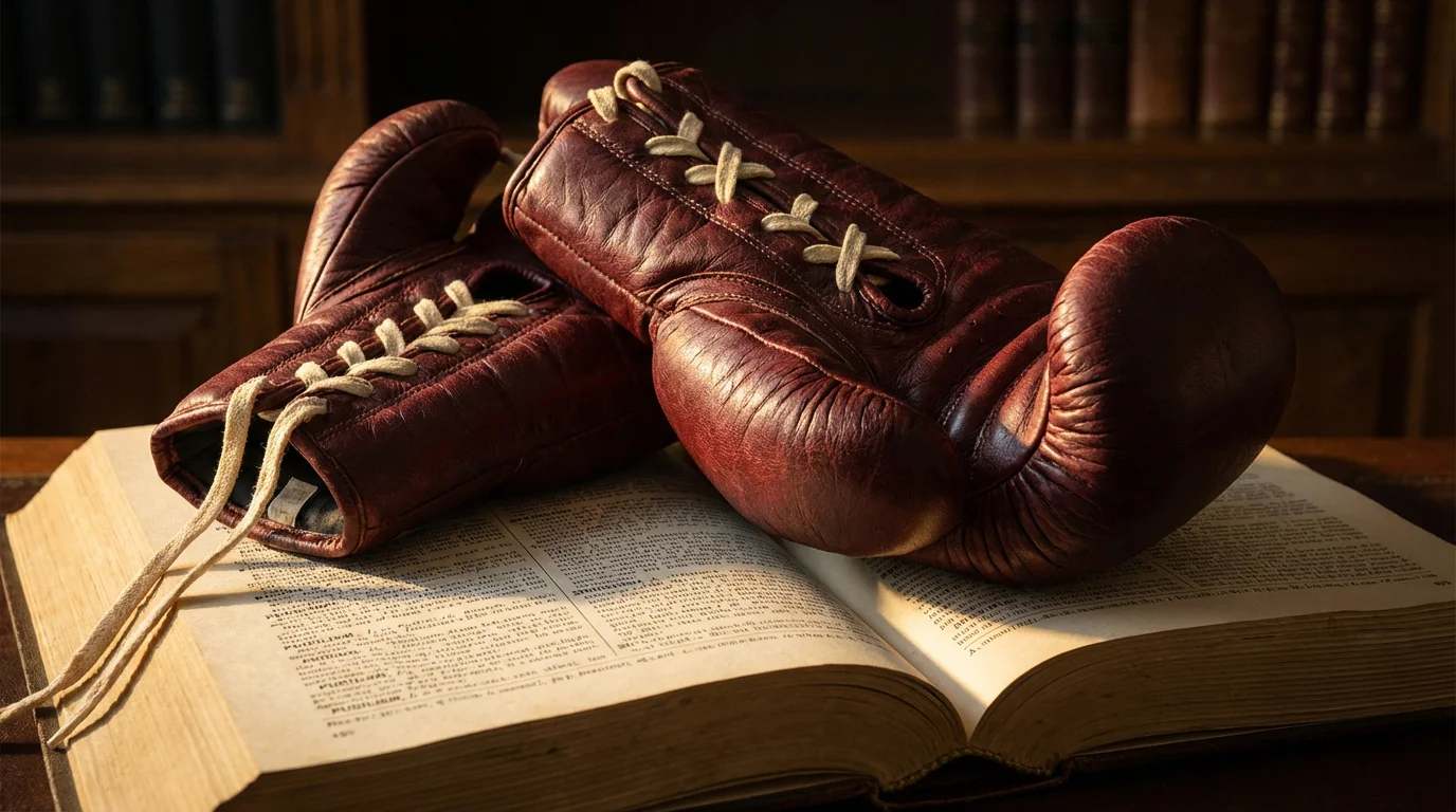 Guantes de boxeo sobre un diccionario abierto con términos de apuestas