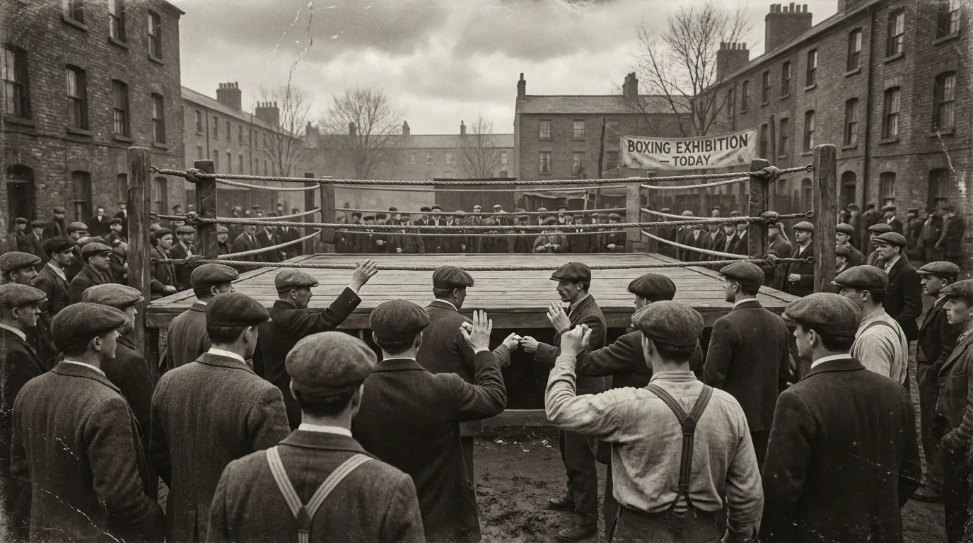 Ring de boxeo antiguo en blanco y negro con espectadores apostando en las gradas