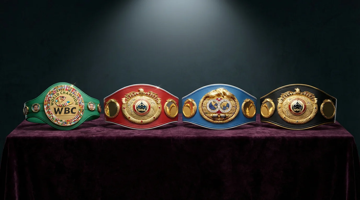 Cinturones de campeonato mundial de boxeo exhibidos sobre una mesa