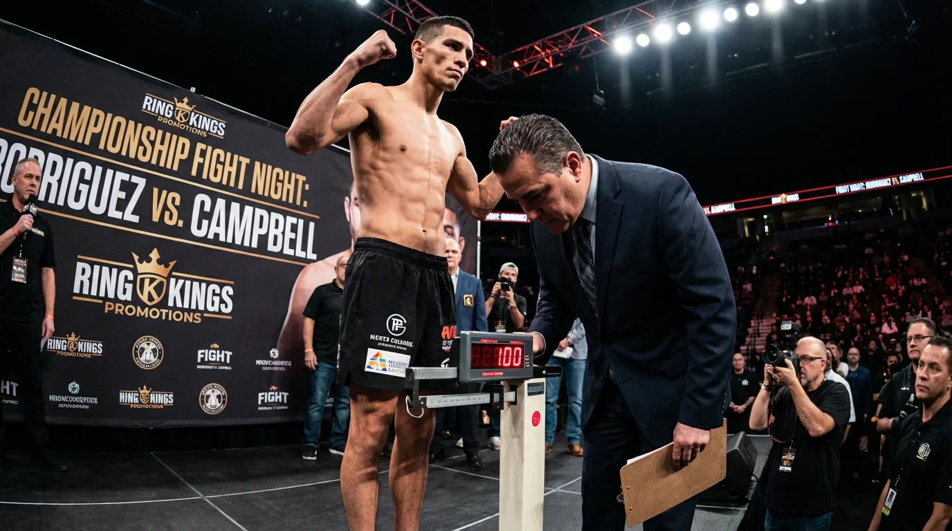Pesaje oficial de boxeo con boxeador en la báscula antes del combate