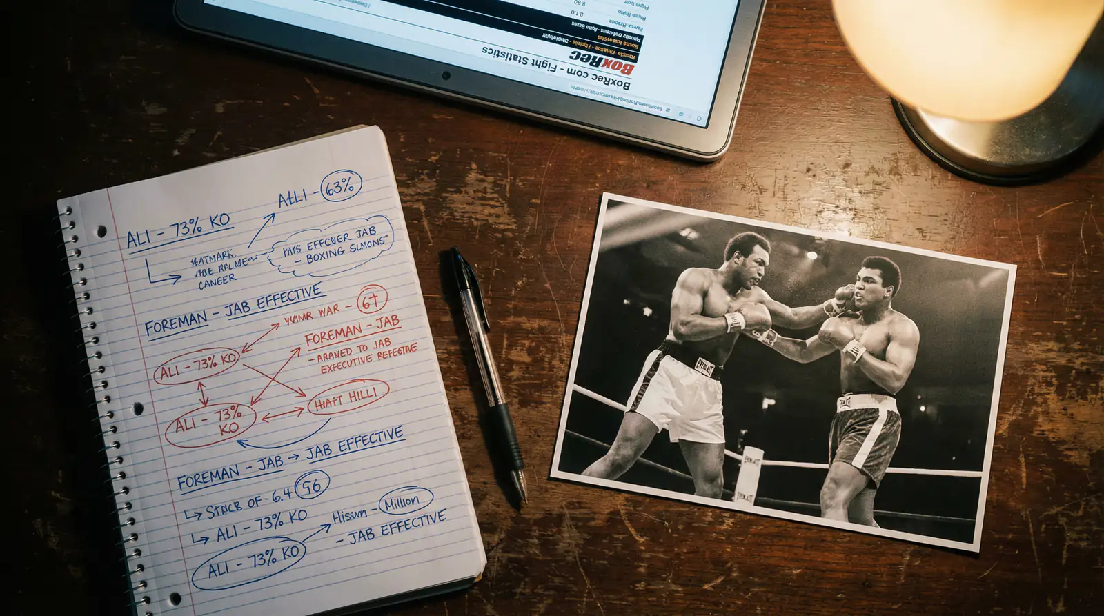 Cuaderno de notas con análisis de un combate de boxeo sobre una mesa de trabajo