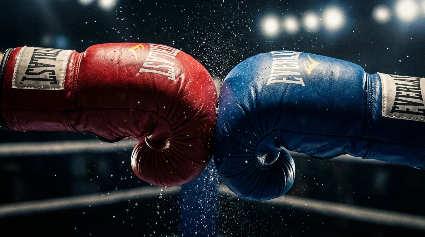 Primer plano de los guantes de boxeo impactando durante un intercambio de golpes