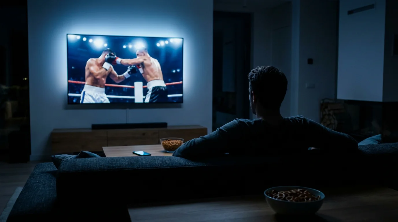 Pantalla de televisión mostrando un combate de boxeo en directo en un salón